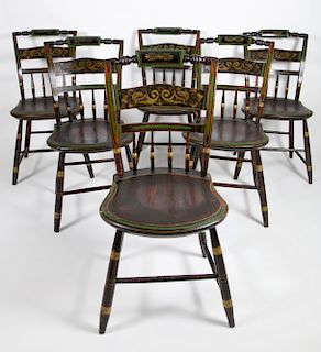 Set of Six 19th Century Painted Plank Seat Dining Chairs
