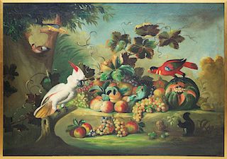 Italian Oil on Canvas "Birds and Squirrels Feasting on a Bounty of Fruits and Nuts"