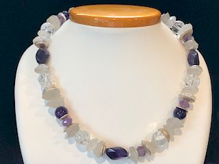 Rock Crystal, Amethyst and Brushed Sterling Silver Necklace