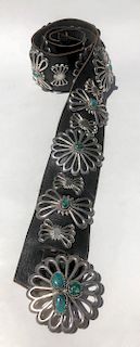 Vintage Navajo Sand Cast Sterling Silver and Turquoise Concho Belt