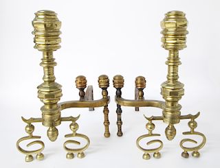 Pair of 19th Century Pennsylvania Multi-turned  Brass Andirons