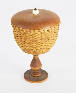 Miniature Covered Nantucket Basket On Turned Pedestal Base