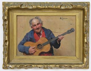 Michele Garinei Oil on Canvas, "Portrait of a Gentleman Playing the Guitar"