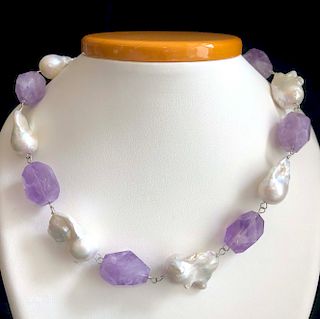 Faceted Amethyst Nugget and White Baroque Pearl Necklace