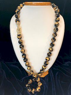15.5mm Black Obsidian Gold Engraved Bead Necklace