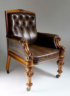 English Carved Oak and Leather Library Arm Chair