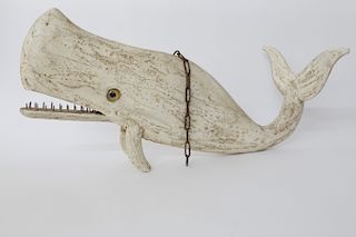 Vintage Style Carved and Painted Wood Hanging Sperm Whale Sign