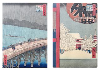 Pair of 19th Century Japanese Woodblock Prints, "Asakusa Kinryzan Temple" and, "Sudden Rain Storm at Atake"
