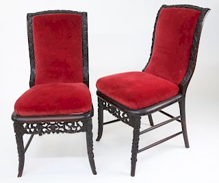 Pair of Chinese Export Carved Teak Wood Side Chairs, circa 1830