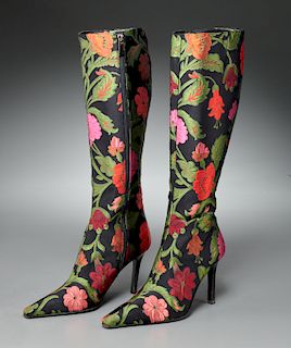Manolo Blahnik black floral embroidered boots