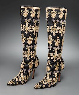 Manolo Blahnik black floral embellished boots