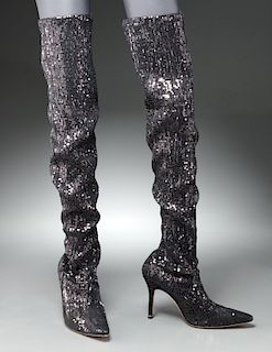 Manolo Blahnik black sequin Pascalare boots