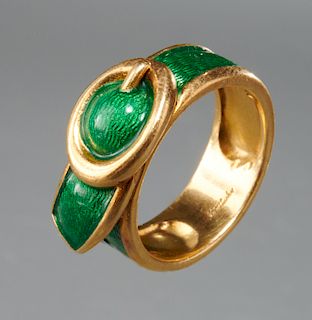 Cartier style 18k gold and enamel belt ring