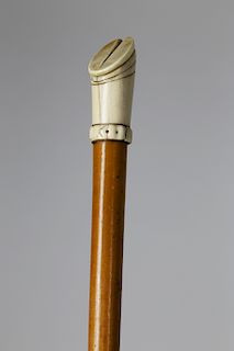 Carved Bone and Malacca Wood Shaft Walking Stick, in the Form of a Deer's Hoof, circa 1880