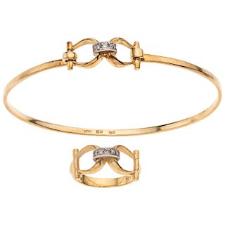 A diamond 18K yellow gold bangle bracelet and ring set. 