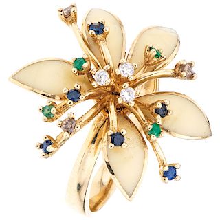 A diamond, enamel, sapphire and emerald 14K yellow gold ring. 