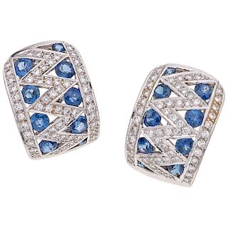 A sapphire and diamond 18K white gold pair of earrings. 