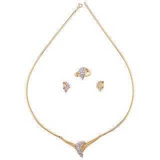 A diamond 14K yellow gold choker, ring and pair of stud earrings set. 