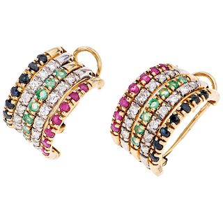 An emerald, ruby, sapphire and diamond 14K yellow gold pair or earrings. 