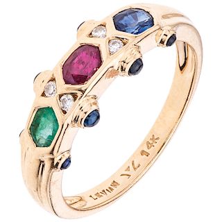 A ruby, emerald, sapphire and diamond 14K yellow gold ring.  