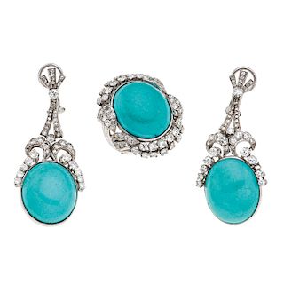 A turquoise and diamond palladium silver ring and pair of earrings set.