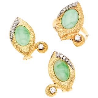 A nephrite jade and diamond 14K yellow gold ring and pair of earrings set. 