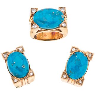 A turquoise and diamond 14K yellow gold ring and pair of earrings set.