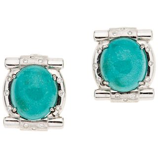 A turquoise and diamond 14K white gold pair of earrings. 