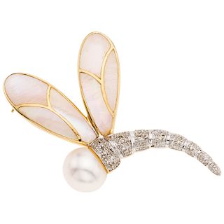 A cultured pearl, mother of pearl and diamond 14K yellow gold brooch.
