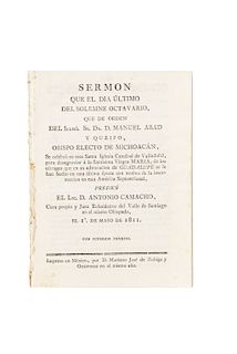 Camacho, Antonio. Sermón para desagraviar a la Virgen María, de los ultrages que en su advocación de Guadalupe... México: 1811.