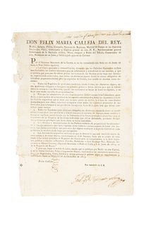 Calleja del Rey, Félix María. Real Orden. Todos los españoles estan obligados a franquear suministros a los Exércitos. México: 1813.