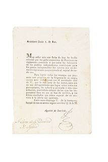 Iturbide, Agustín. Pedido de Contribución para los Gastos del Ejército. Acámbaro, junio 1 de 1821.