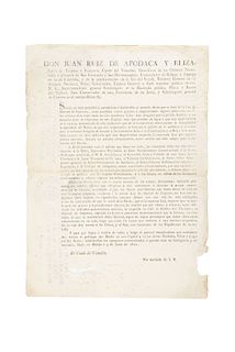 Ruiz de Apodaca y Eliza, Juan. Bando sobre la Suspención de la Libertad de Imprenta en la Nueva España. México, 1821.