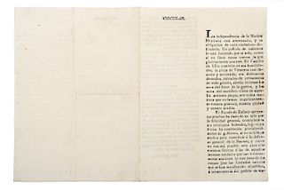 Quintanar, Luis. Circular sobre Hostilidades de San Juan de Ulúa y Exhortación a Ayudar a la Defensa... Guadalajara, 1823.