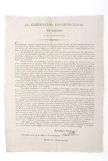 Sánchez, Prisciliano. El Gobernador Constitucional de Jalisco a su Habitantes. Guadalajara, enero 24 de 1825.