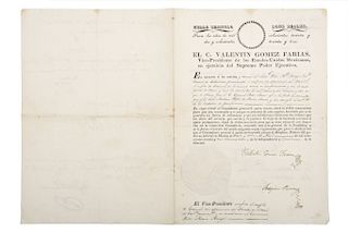 Gómez Farías, Valentín. Nombramiento de Coronel Otorgado a Pedro María Anaya. México, 25 de abril de 1833. Firma.