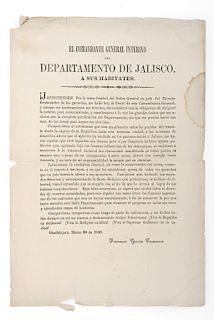 García Casanova, Francisco. El Comandante General Interino del Departamento de Jalisco a sus Habitantes. Guadalajara, 1858.