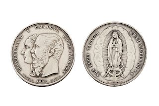 Navalón, D. / Ocampo, G. / Spiritu, Antonio. Medalla, Maximiliano y Carlota Emperadores, 1865 y 1866. Medalla, 35mm. en plata. Pzs: 2.