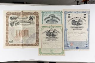 Bonos y Acciones de Ferrocarriles. Jalisco, Distrito Federal y Chihuahua. Guadalajara: 1900; México; 1896; Chih.: 1900 y 1899. Piezas:4