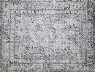 Hand Knotted Grey and White Silken Roman Mosaic Design Oriental Carpet