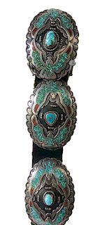 Navajo Sterling Silver, Turquoise and Coral Concho Belt by John Nelson