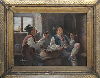 Hugo Kaufmann Oil on Board "Two Men Conversing Over Drink and Smoke"