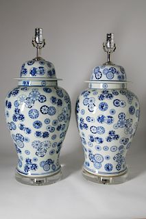 Pair of Blue and White Porcelain Temple Jars Decorated with Ball Flower Symbols and Mounted as Lamps