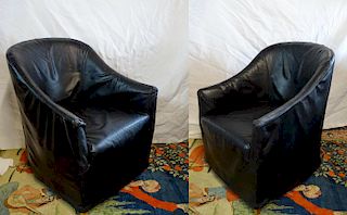 PR. MUSLIN UPHOLSTERED CLUB CHAIRS W/BLACK LEATHER SEAT COVERS