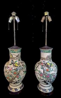 PR. ASIAN PORCELAIN LAMPS: BIRD & FLOWER DECORATED 