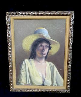 WYATT MONOGRAMED O/C PORTRAIT OF WOMAN IN YELLOW HAT 