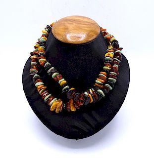 SILVER, AMBER & TURQUOISE DOUBLE STRAND NECKLACE