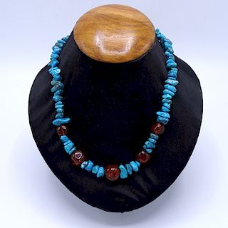 TURQUOISE, AMBER & SILVER NECKLACE