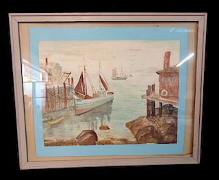 FRAMED WATERCOLOR "BOATS AT DOCK SGN. TRUDY