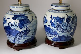 Pair of Chinese Blue and White Carp Decorated Ginger Jar Lamps